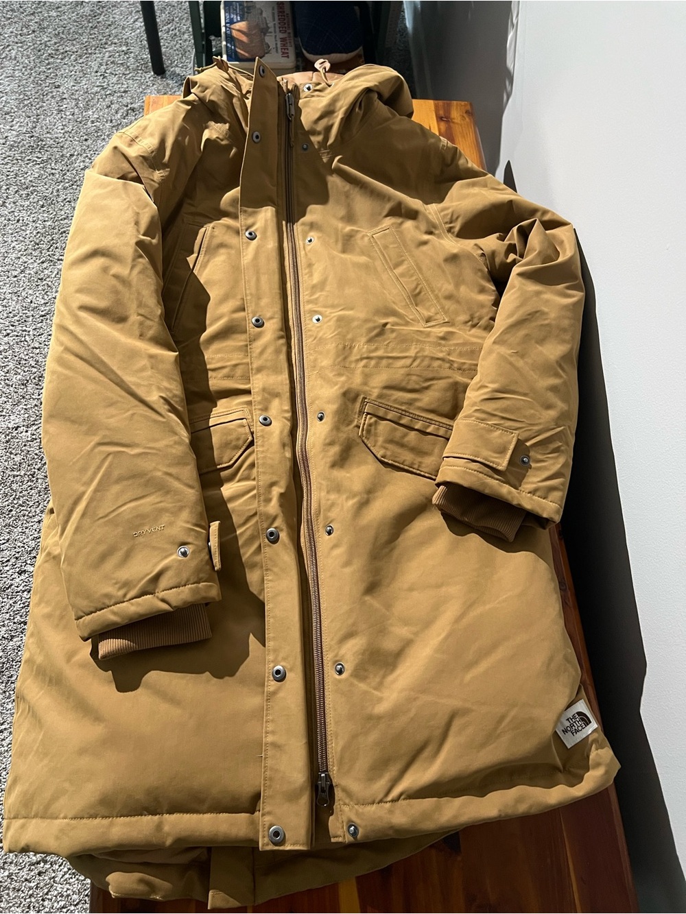 Women’s Hooded Long Puffer Coat - Tan - Picture 2 of 11